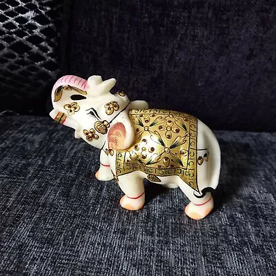 White Marble Elephant Statue Gold Floral Handcrafted Print Home Decor • £24.99