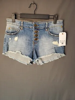Billabong Buttoned Up Denim Shorts Distressed Med Blue W26 Inseam 2  $60 NWT! • $8.98