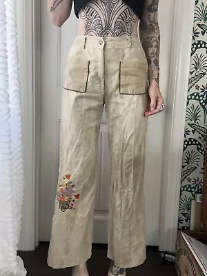 Vtg 70s High Waisted Corduroy Cotton Floral Embroidered Flare Wide Leg Pants S/M • $65