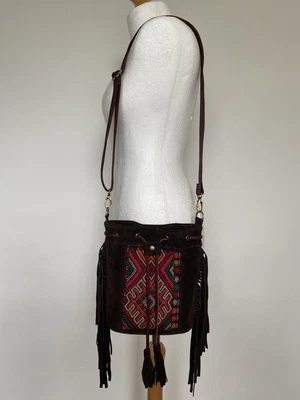 £35 • Buy Brown Kilim Side Fringe Suede Bag Detachable Adjustable Straps