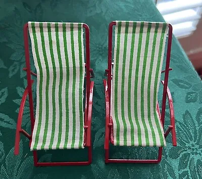 Dollhouse Miniature 2 Outdoor Lounge Chair 1:12 Red Metal Striped Fabric Vintage • $35