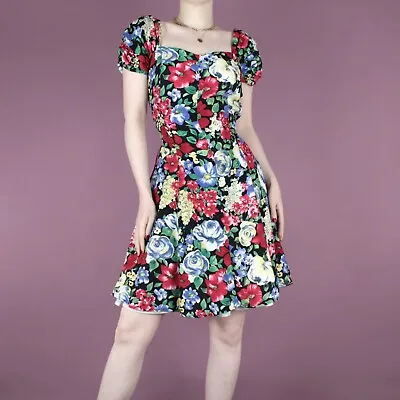 VINTAGE 90s Grunge Floral Puffy Tie Bow Short Full Retro Pattern Dress S 10 12 • £19.50