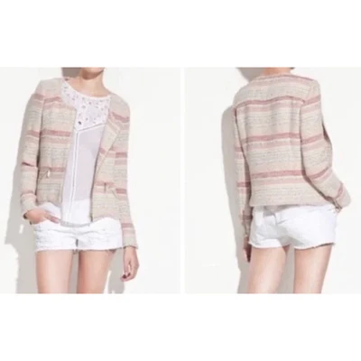 $31.50 • Buy ZARA Striped Tweed Boucle Jacket Blazer Pink Cream Size M