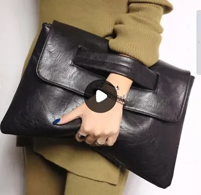 Black Envelope Clutch Bag Detachable Shoulder Strap Vegan Leather   • $21