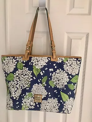 Dooney & Bourke Blue & White Hydrangea Floral Shopper Tote Bag  Canvas & Leather • $89.99