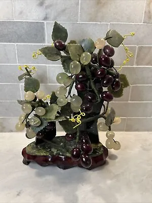 Vintage Carved Stone Jade Bonsai Grape Tree Vine On Stone & Wood Base 11” • $55