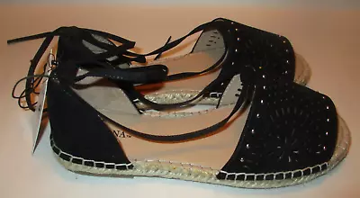 New W Tag Merona Braelyn Womens 6 Black Lazercut Studded Espadrille Tie Up Flats • $15.98
