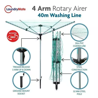 Rotary Airer 4 Arm 40m Outdoor Clothes Garden Washing Line Dryer Plus Socket • £24.99