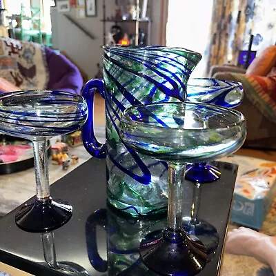 Full Size Hand Blown Mexico Blue Swirl Glass Margarita Pitcher 4 Glasses • $145