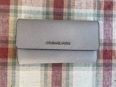 MICHAEL KORS JET SET TRAVEL LARGE TRIFOLD WALLET CLUTCH MK Gray LUGGAGE LEATHER • $68.79