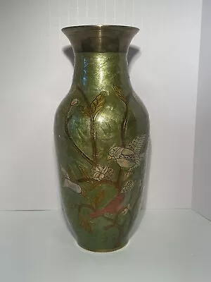 Vintage Enamel On Brass Cloisonné Vase Emerald Green Floral Designs 10’ • $17