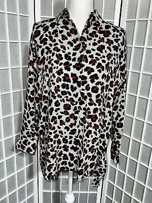 ZARA XS Leopard Print Grey Red Long Sleeve Oversized Shirt Blouse • $13.08
