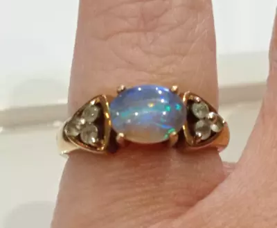 Fully Hallmarked 9ct Yellow Gold & Opal Cabochon Ring With Clear Stones  Size K • £119.99