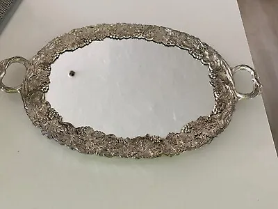 Vtg Silver Ornate Oval Vanity Mirror Perfume Dresser Table Top Tray W/Handles • $17.50