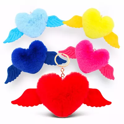 Cute Heart Shaped Pom Pom With Wings Love Plush Ball Bag Charm Keychain Keyring • $6.64