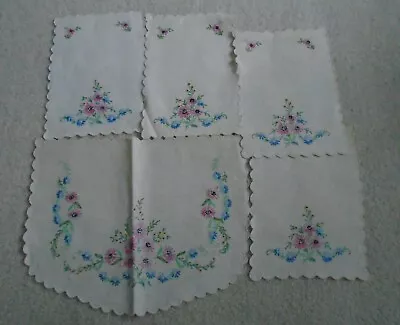 Set Of 5 Vintage Linen Embroidered Doilies • $10