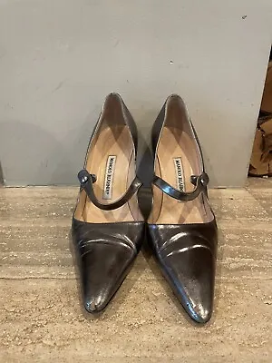 MANOLO BLAHNIK CAMPARI SILVER Mary Janes Heels. Size 38 • $85