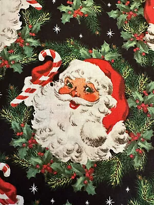 Retro Vintage Christmas Santa Claus Faces Heads & Wreaths Cotton Fabric Half Yd • $5.99