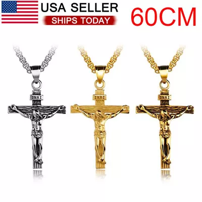 Men's Stainless Steel Jesus Christ Crucifix Cross Pendant Chain Necklace • $7.99