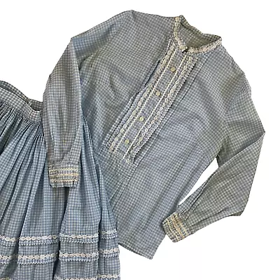 Vtg Patty Woodward Blue Gingham Top Full Skirt Set Prairie Square Dance XS • $19.99