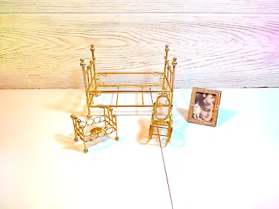 Vtg. Brass Dollhouse  Miniature Twin & Baby Bedframes- Rocking Chair- Picture • $5.99