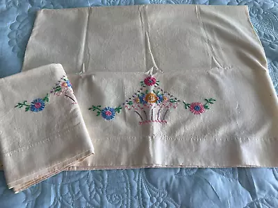 Vintage Hand Embroidered PILLOWCASES Set Of Two Embroidered In Pink Blue Yellow • $8