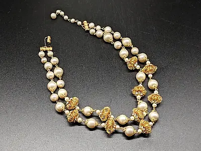 Vintage 2 Strand VENDOME Gold Plate Faux Pearl Crystal Rhinestone Bead Necklace • $84.99