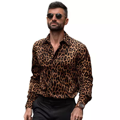 Mens Leopard Print Long Sleeve Shirt Top Rockabilly Vintage Retro Casual Blouse* • £22.79