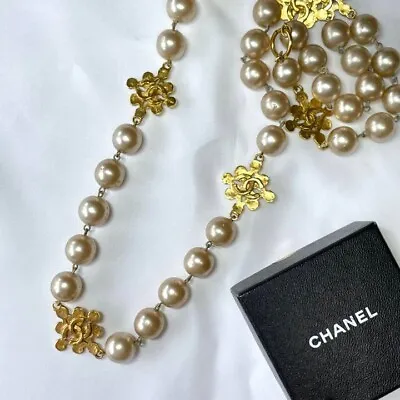 Vintage CHANEL 94P CC Coco Mark Faux Pearl Gold Tone Long Necklace Cross Motif • $1450