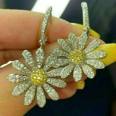 2Ct Round Cut Yellow Diamond Flower Drop Dangle Earrings 14K White Gold Finish • $139.44