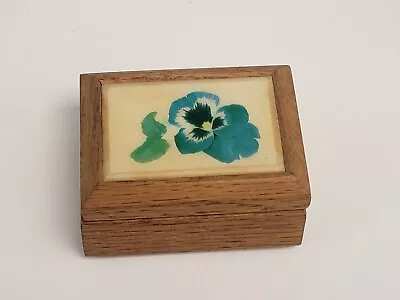 Oak Wood Lidded Trinket Jewelry Box Painted Pansies Red Velvet Lining  • $20