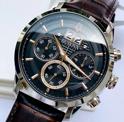 Bulova Sutton Black Dial Brown Band Chronograph Men's Watch 96B311 • $259.99