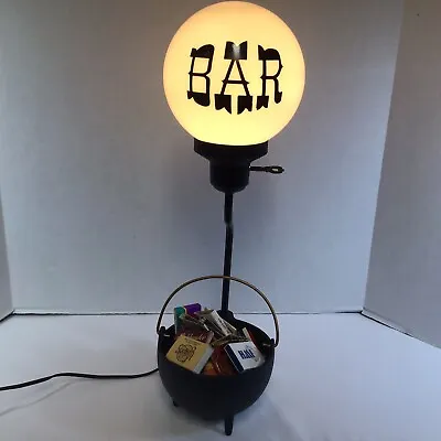 Bar Lamp 1960's White Glass Globe Black Letters Cast Iron Cauldron Of Matches • $77.95