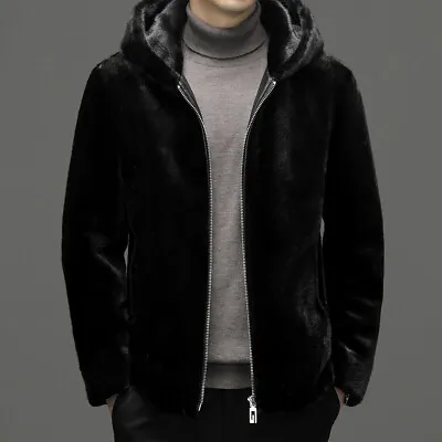 Winter Real Mink Fur Coat Mens Fur Plush Hooded Loose Jacket Black Warm Overcoat • $186.47