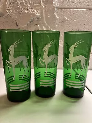 3 Hazel Atlas Green Gazelle Highball Tom Collins Glasses 6.5  Art Deco Vintage • $28.05