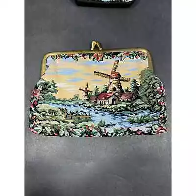 Vintage Windmill Needlepoint Tapestry Small Clutch Purse Wallet Pouch Kiss Lock • $15.75