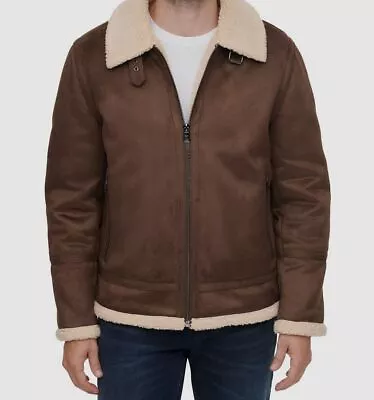 $295 Calvin Klein Men's Brown Faux-Shearling Collared Moto Coat Jacket Size L • $82.78