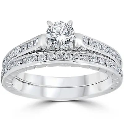 £858.04 • Buy 1ct Vintage Diamond Engagement Ring Set 14K White Gold With Matching Band