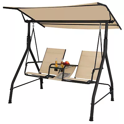 2-Person Porch Swing W/ Adjustable Canopy & Tempered Glass Table Top Cup Holder • $189.99