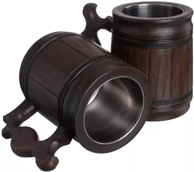 2 Pcs Wooden Beer Mug Coffee Cups Handmade Wood Stainless Steel Stein Gift Xmas  • $186.96