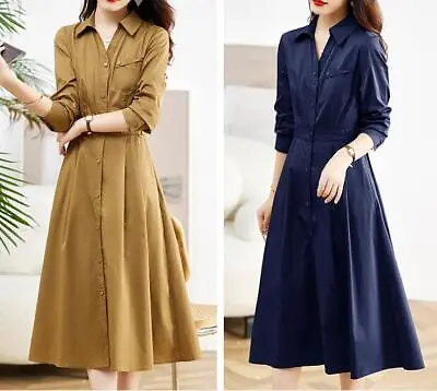 $93.59 • Buy Women's Spring Fall Collared Belted A-line Long Midi Shirt Dresses Work OL Dress