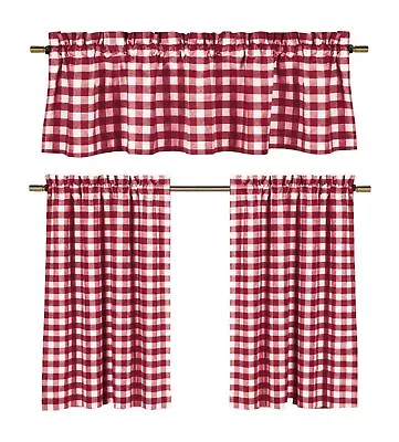 Candy Apple Red & White Country Checkered Plaid Kitchen Tier Curtain Valance Set • $18.99