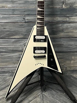$499 • Buy Used Jackson 2015 JS32T RR Rhoads V Guitar With Gator Bag- White With Black Beve