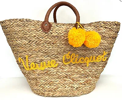 Veuve Clicquot Champagne Seagrass Straw Basket Tote Beach Bag Pompoms Authentic • £281.50