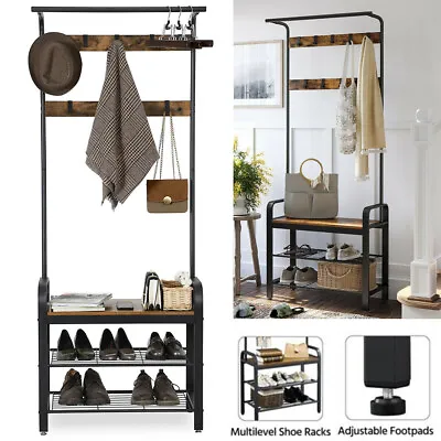 £28.90 • Buy 3-Tier Hall Tree Hat And Coat Stand Hallway Shoe Rack Bench With Shelves Hooks 