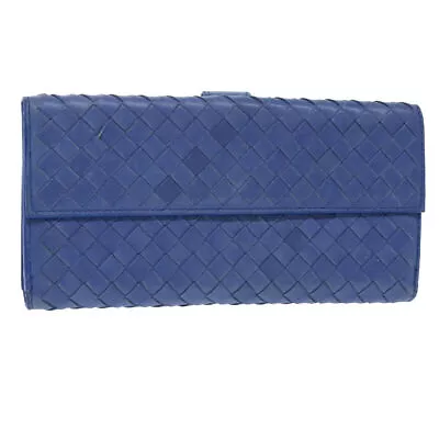 BOTTEGA VENETA INTRECCIATO Long Wallet Leather Blue Auth 50841 • $407.80