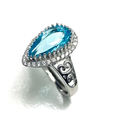 R6420B  Mt St Helens Blue Helenite Pear 7x14mm 1.8Ct Halo Sterling Silver Ring • $55