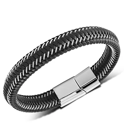 Stainless Steel Black Braided Leather Mens Cuff Bracelet 8.5  • $19.99