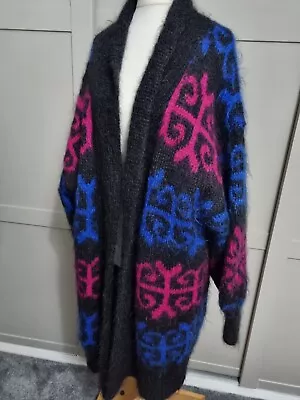 Vintage Drop Sleeve Hand Knitted Multicoloured Mohair Cardigan Size L/XL • $43.52