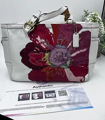 Limited Edition COACH Poppy Peace Gallery White Floral Appliqué Leather Tote COA • $99.20